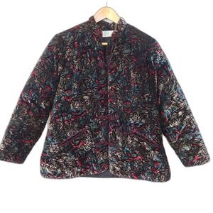 Vtg BEST QUALITY Asian Jacket  Floral Quilted Velvet Sz L ~ Statement Outerwear